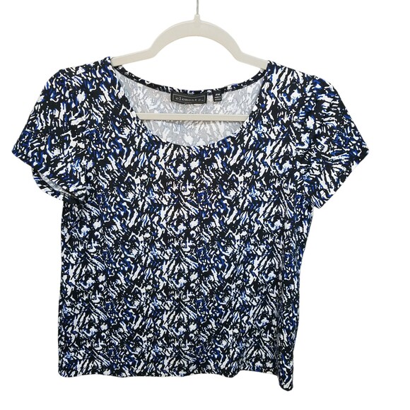 Elementz Womens Sz PM Blue Black Geometric Short Sleeve Blouse - Picture 1 of 9